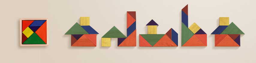 Diferentes formas de colocar las piezas de un tangram para formar siluetas de casas